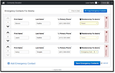 Emergency Contact Screen Family Portal Screen Shot